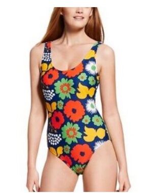 Marimekko Blue Floral One-Piece Swimsuit with Yellow & Green Accents